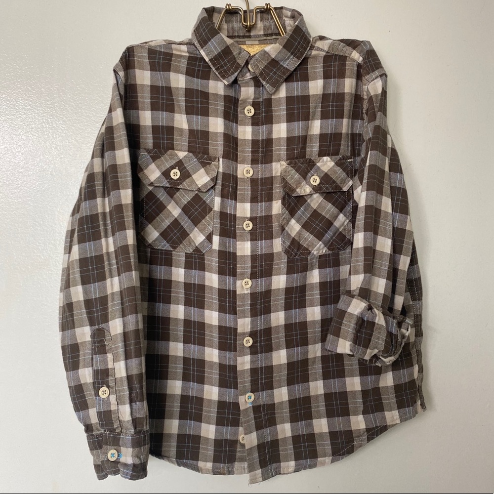 Brown plaid boys button down size 6-7